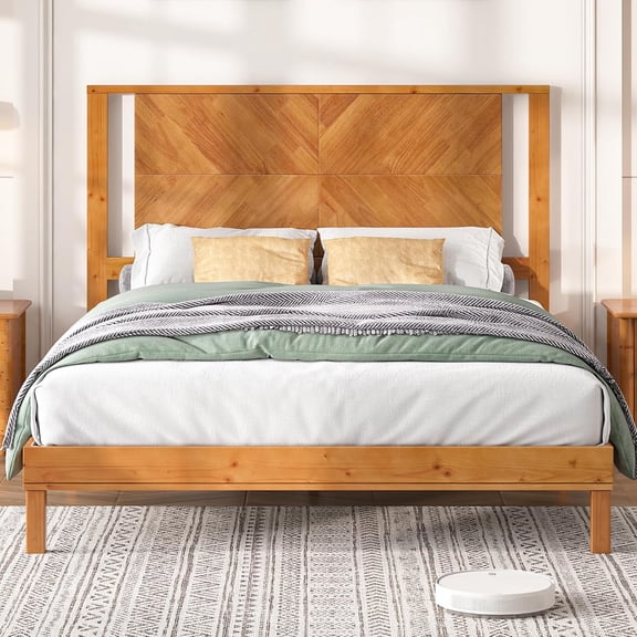 Merluxy Solid Wood Queen Size Bed, Mid Century Modern Style Bedroom Furniture, Light Brown