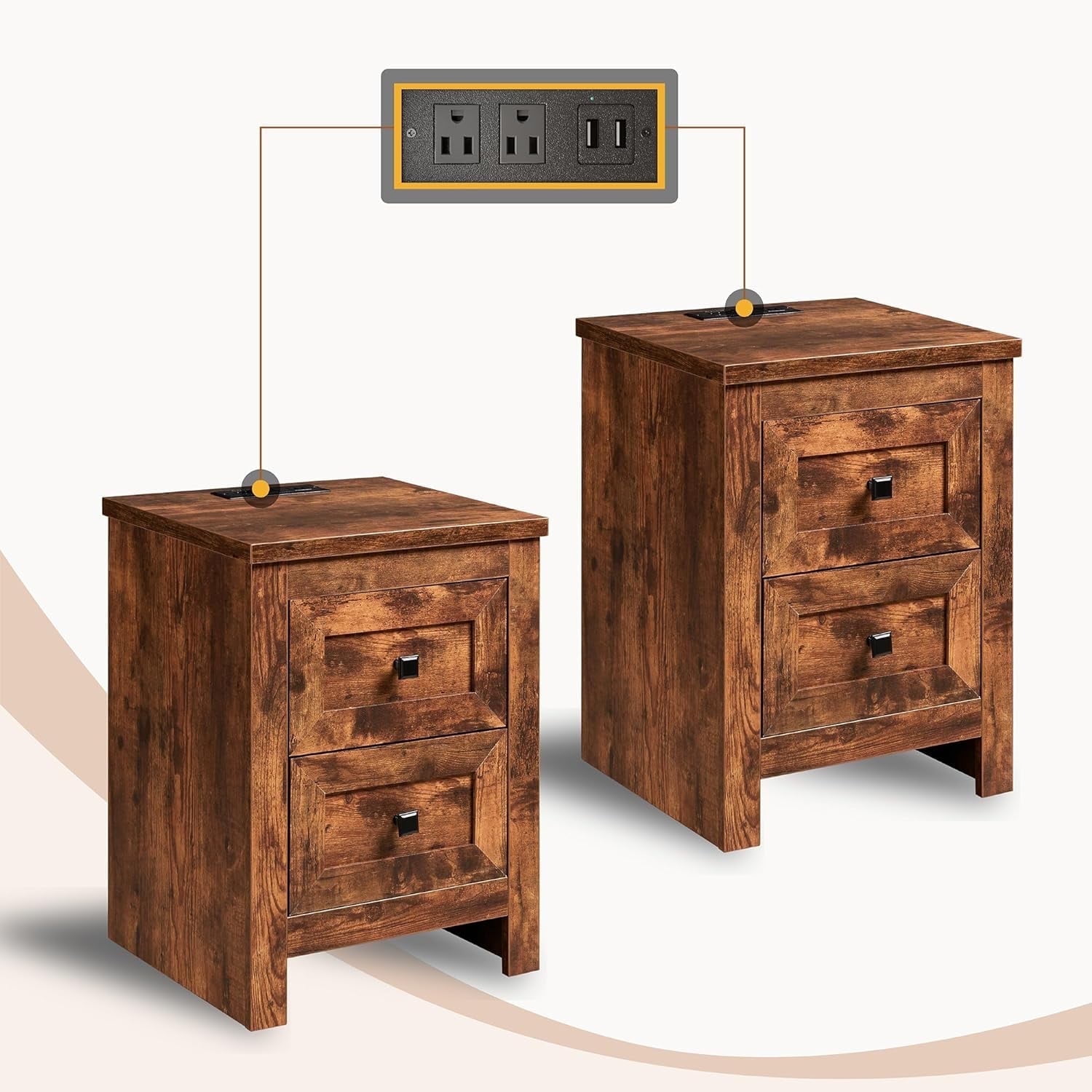 Merluxy Sturdy Nightstand Set of 2 with Charging Station, Farmhouse Wood Bedside Table Rustic Brown