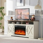 Merluxy TV Stand with 26" Fireplace, 63" Entertainment Center with Fireplace, Rustic Oak & White