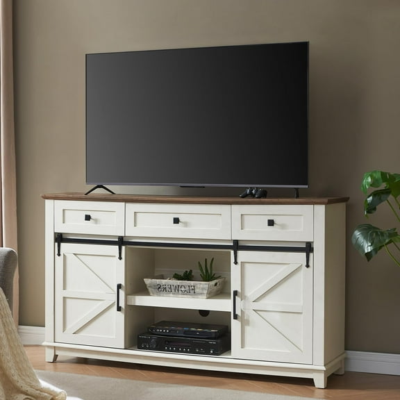 Merluxy TV Stands for Living Room with Sliding Barn Doors for Televisions up to 65+ Inch, Rustic White