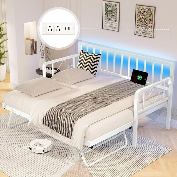 Merluxy Twin DayBed with Charging Station and LED Lights, Metal Twin Daybed with Trundle for Living Room, Bedroom, Guest Room, White