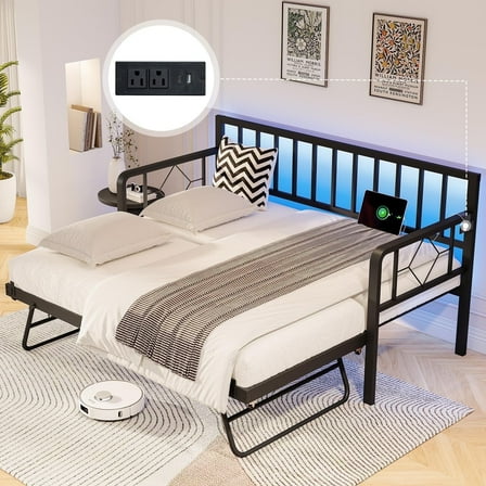 Merluxy Twin Bed Frame with Charging Station & LED Light,Bedroom Daybed with Trundle,680lb Capacity