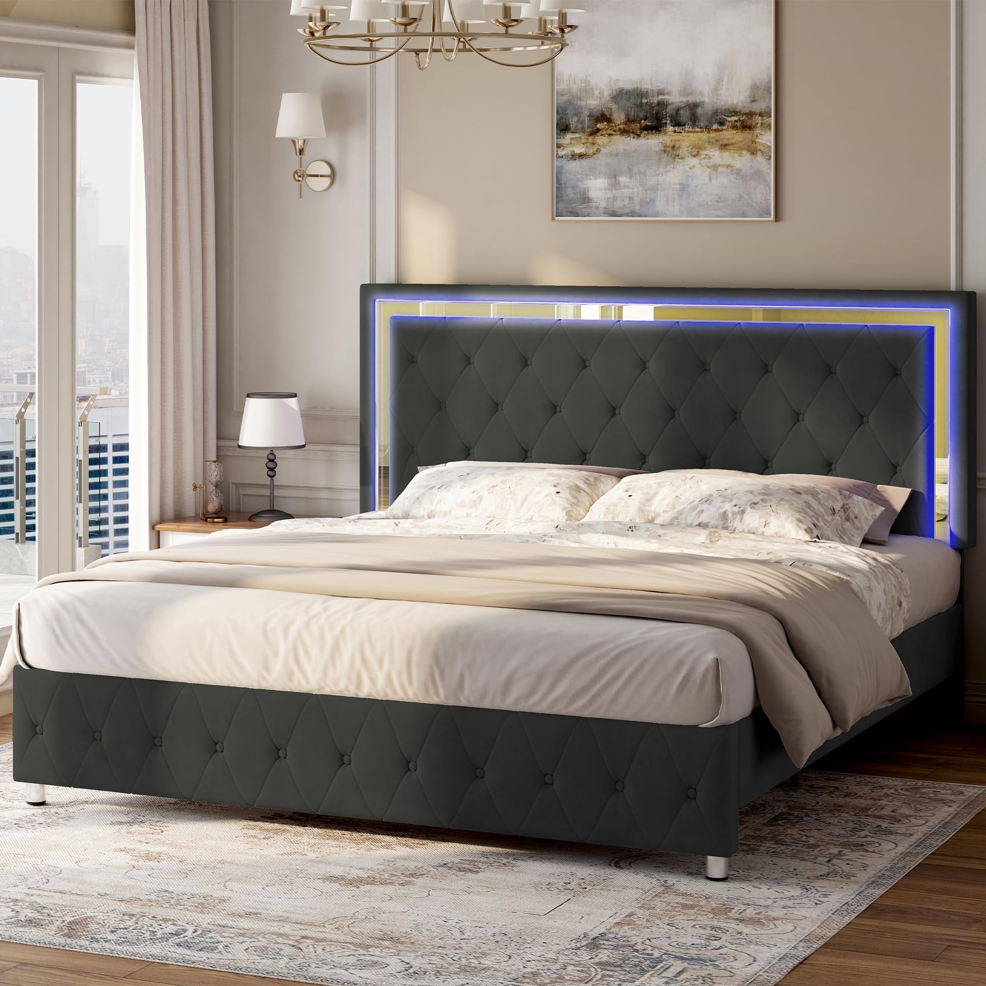 Merluxy Twin Size Bed Frame with Led Lights Headboard, Acrylic Mirror Accents, No Box Spring Needed, Velvet Upholstered Black