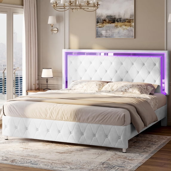 Merluxy Twin Size Bed Frame with Led Lights Headboard, Acrylic Mirror Accents, No Box Spring Needed, Velvet Upholstered White