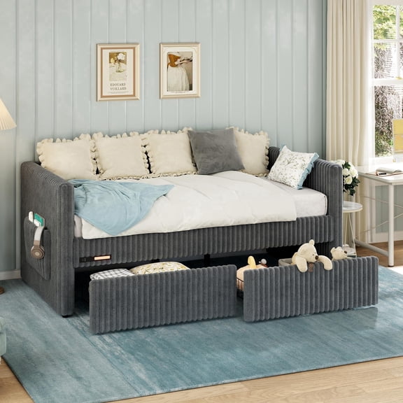 Merluxy Twin Size Corduroy Daybed with 2 Storage Drawers & Bedside Pockets, Upholstery Sofa Bed with Charging & Light, for Living Room, Dark Grey