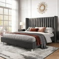 thumbnail image 1 of Merluxy Upholstered Bed Wingback Adult King Size Velvet Channel Tufted Modern Metal bed, Dark Grey, 1 of 9