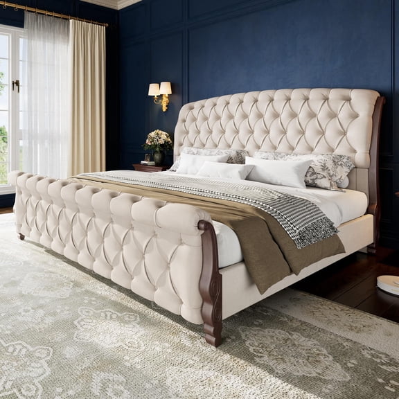 Merluxy Upholstered King Bed Frame, 53" Tall Sleigh Bed Frame with Button Tufted Chenille Headboard and Footboard, with Carved Solid Wood Legs, Cream