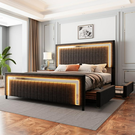 Merluxy Upholstered Platform King Size LED Bed Frame with 4 Storage Drawers, Adjustable Headboard with Vertical Channel Design, Black