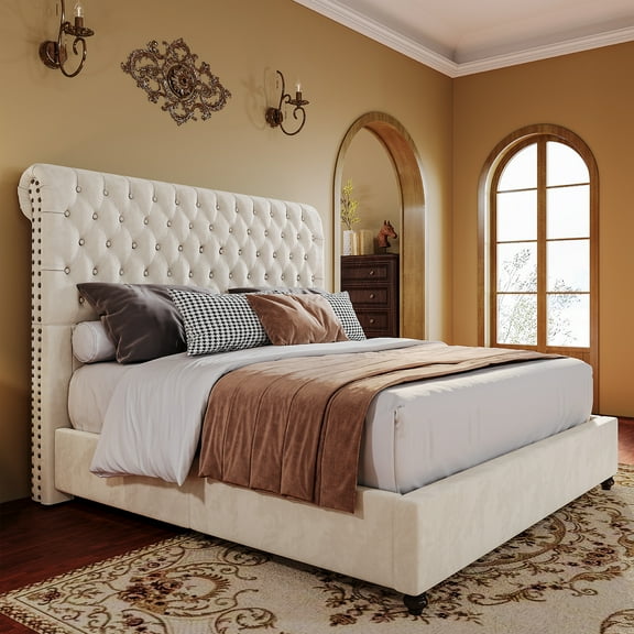 Merluxy Upholstered Queen Bed Frame with Headboard Sleigh PlatformTufted Bed/Cream