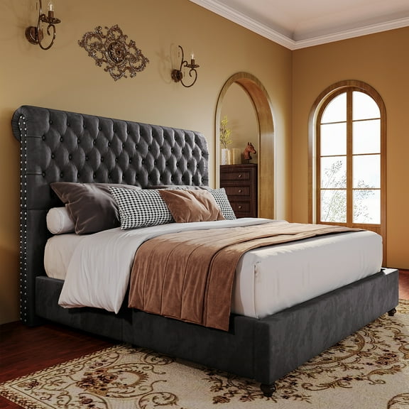 Merluxy Upholstered Queen Bed Frame with Headboard Sleigh PlatformTufted Bed/Dark Gray