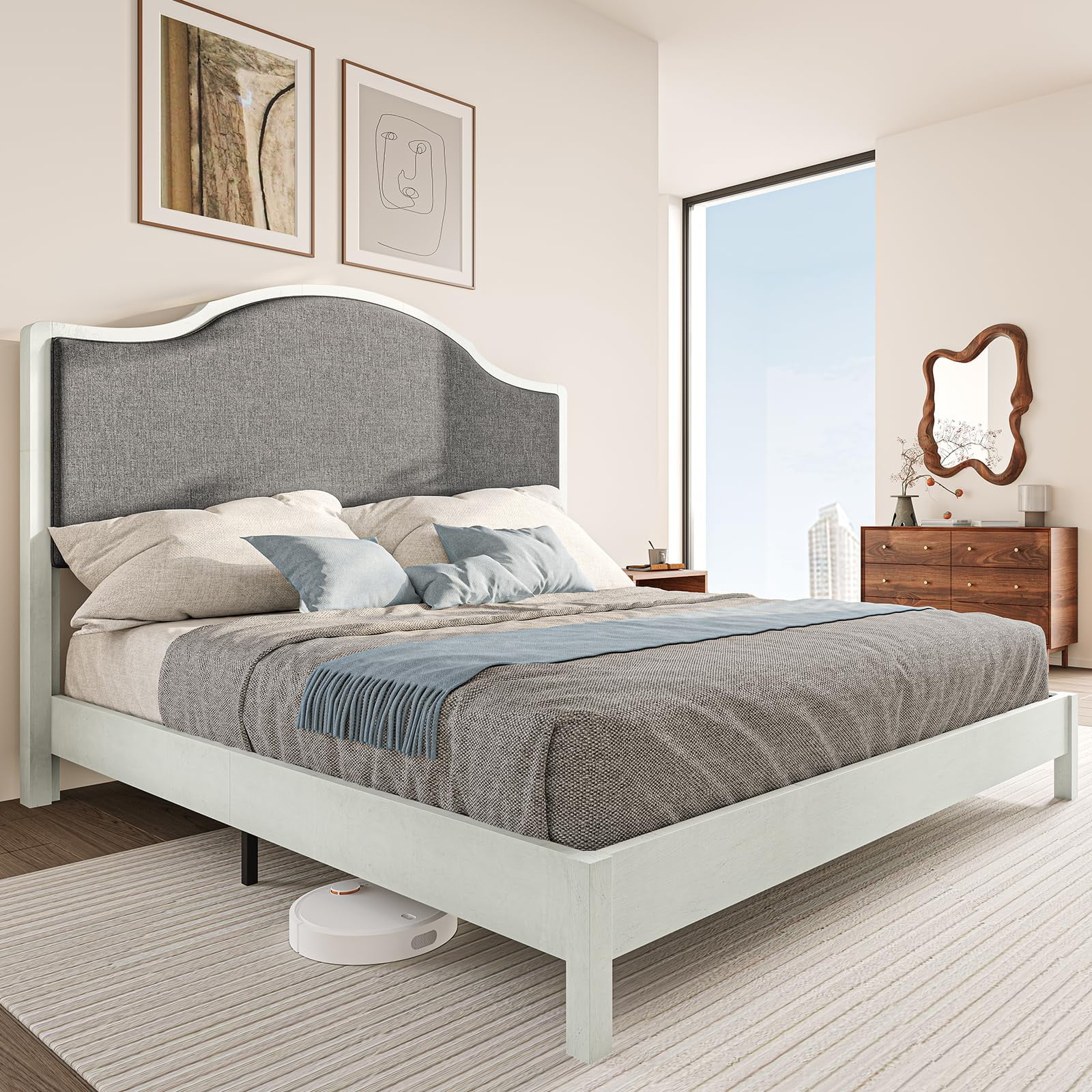 Merluxy Wooden Platform Bed Frame King with Upholstered Headboard Solid Wood Bed, No Box Spring Needed, White