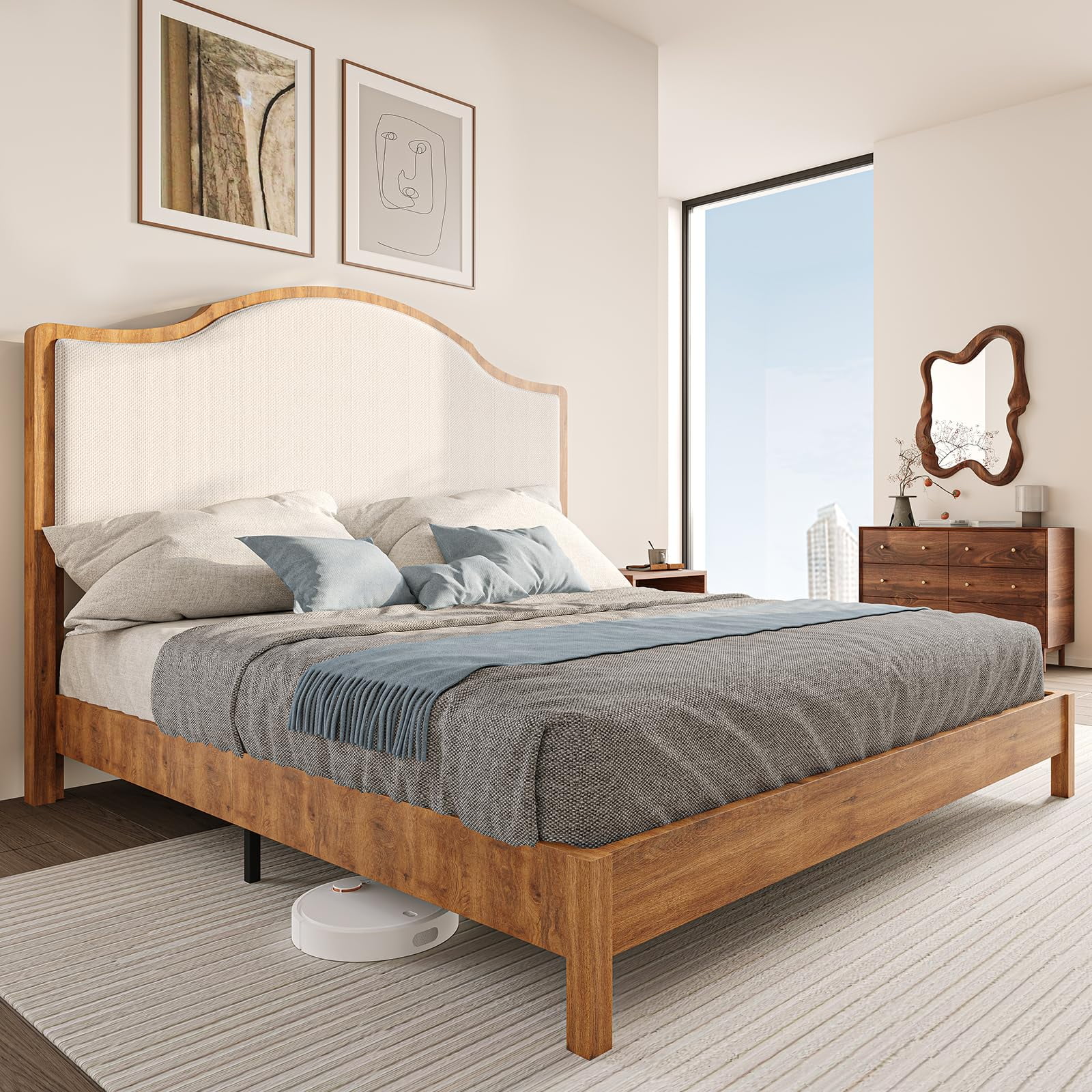 Merluxy Wooden Platform Queen Bed Frame with Upholstered Headboard Solid Wood Bed, No Box Spring Needed, Walnut