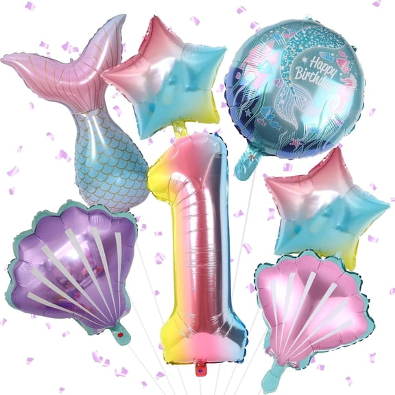 Mermaid 1st Birthday Decorations, 8Pcs Mermaid Party Decorations Balloons, 40 Inch Rainbow Number 1 Balloon, Large Helium Foil Tail Balloon, Seashell Balloons for Girls' 1st Birthday Party