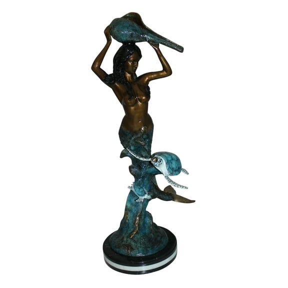 Mermaid 43 holding a shell fountain Bronze Statue - Size: 14"L x 24"W x 43"H.