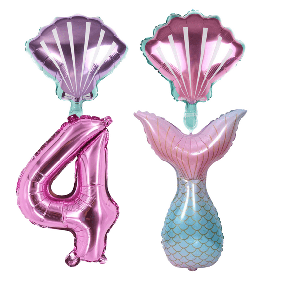 Mermaid 4th Birthday Party Balloons Foil Number & Tail Pink Teal