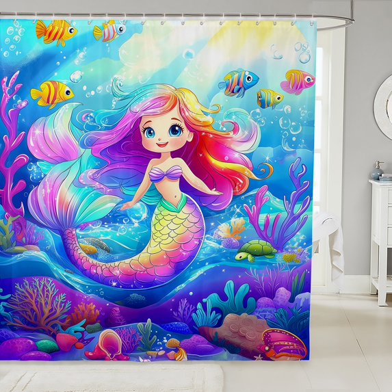 Mermaid 72"Wx78"L Shower Curtain Cute Kawaii Mermaid Bathroom Curtain Rainbow Coral Fish Pattern Bath Curtain Blue Sea Animal Plant Bathroom Accessories