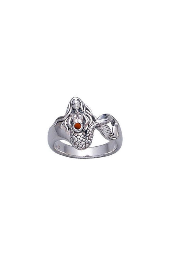 Mermaid 925 Sterling Silver Ring Fine Beach Ocean Sea Life Jewelry Garnet