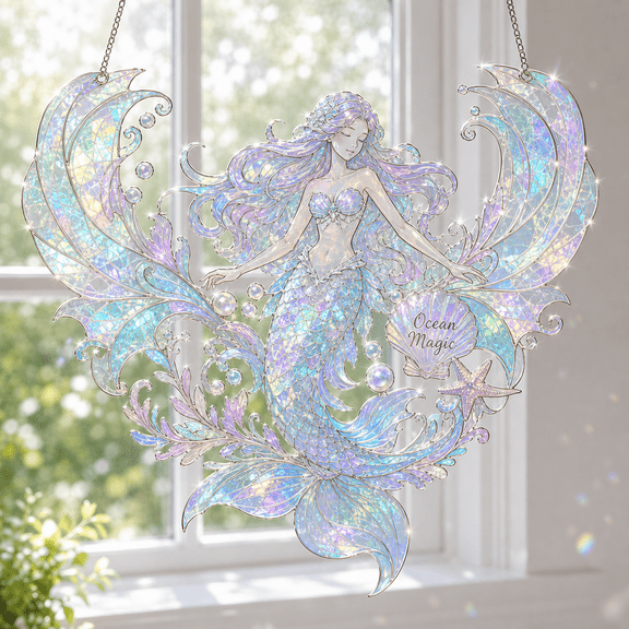 Mermaid Acrylic Suncatcher Iridescent Window Hanging for Ocean Fantasy Decor Gift