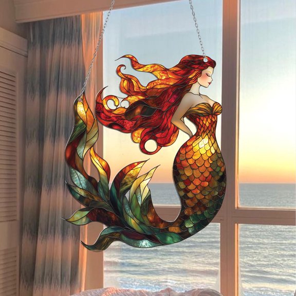 Mermaid Acrylic Suncatcher Ocean Fantasy Nautical Under the Sea Window Hanging Home Decor Beach House Gift