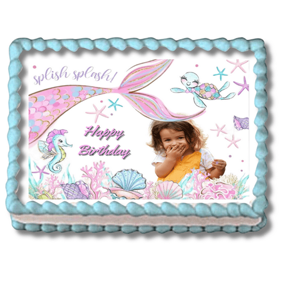 Add Your Own Photo Mermaid Birthday Edible Image Cake Topper, by ToriBellas Designs