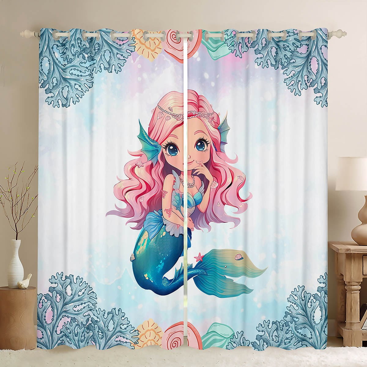 Mermaid AfroAmerican Girl Curtains for Little Girl,Afro Kid Princess