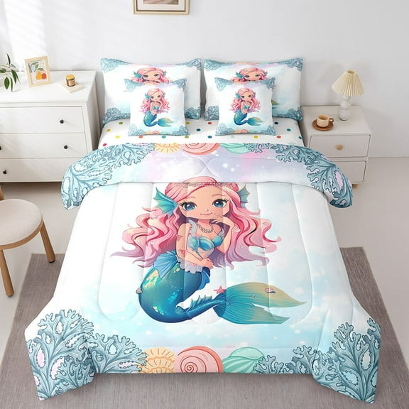 Mermaid Afro Hair Comforter Set 7 Piece Bed in a Bag Twin,Cute Afro Melanin Princess Bedding Sets American Black Ocean Fish Kawaii Sheet Set with Comforter