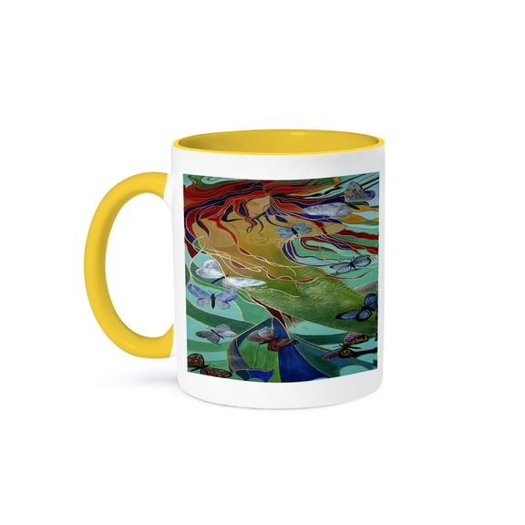 3dRose, Mermaid and Butterflies - elusive, untamed, art nouveau, femininity, mythology, butterflies, mermaid, 11oz Two-Tone Yellow Mug