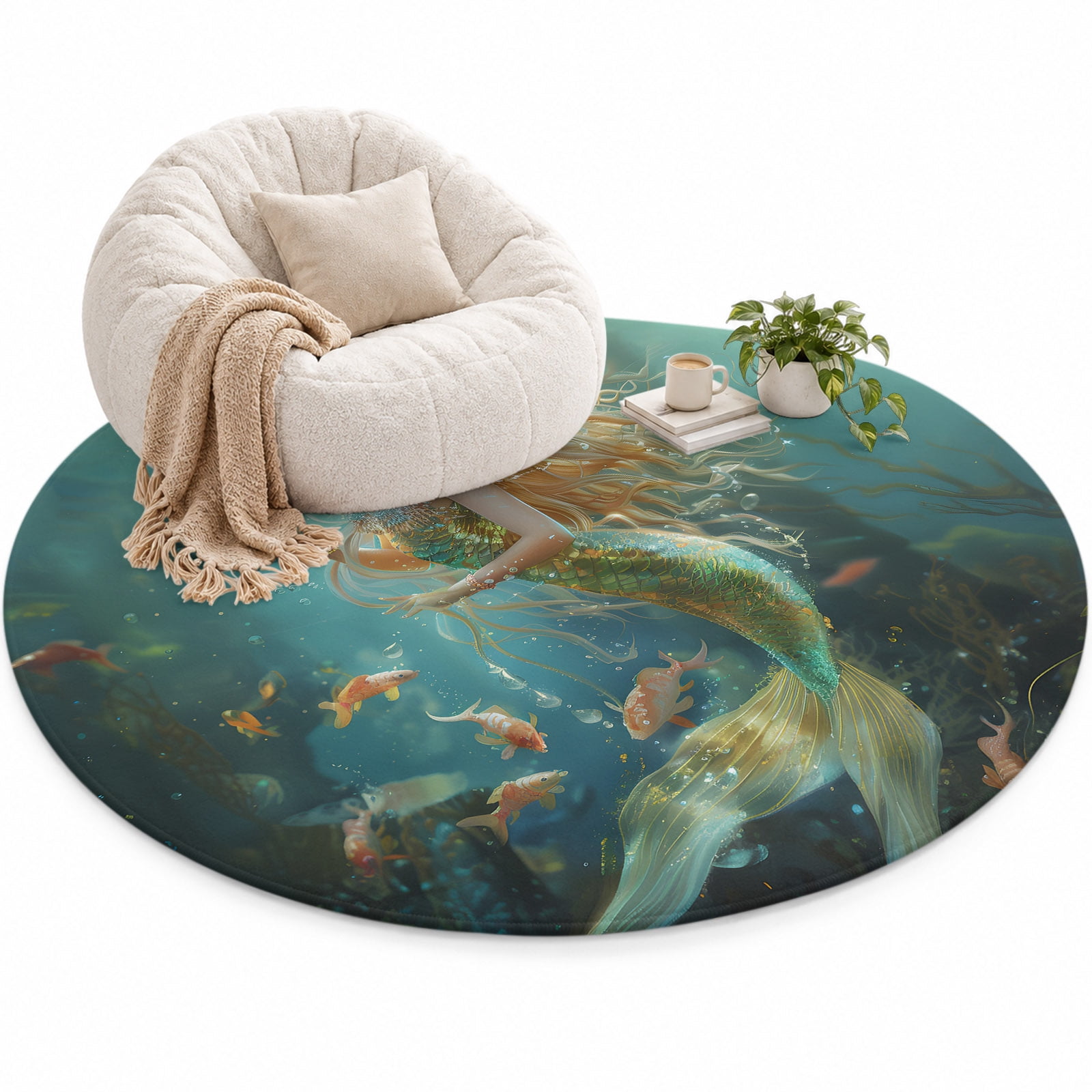 Mermaid Area Rug 4', Ocean Soft Mat Non-Slip Silicone Backing Machine ...