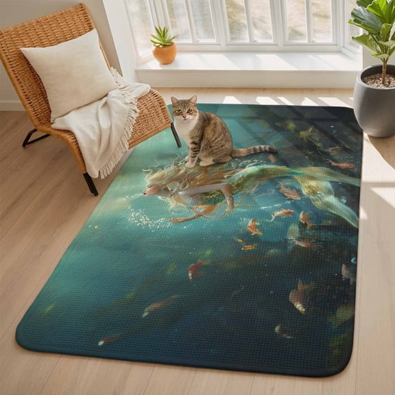 Mermaid Area Rugs for Living Room 5x6, Ocean Fish Washable Area Rug with Non Slip Backing, Stain Resist Linen Carpet for Bedroom, Dining Room, Entryway, Entrance