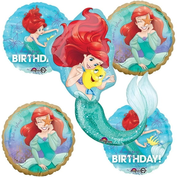 Mermaid Ariel Birthday Party Balloons - Set Of 5 Little Merrmaid Theme Balloon Decorations For A Kids Happy Birthday Celebration