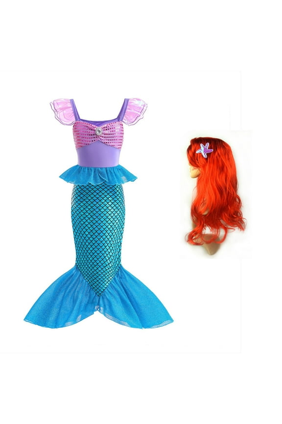 Ariel Costume Dress for Girls with Wig Female Halloween Cosplay Outfits for 3-8 Year