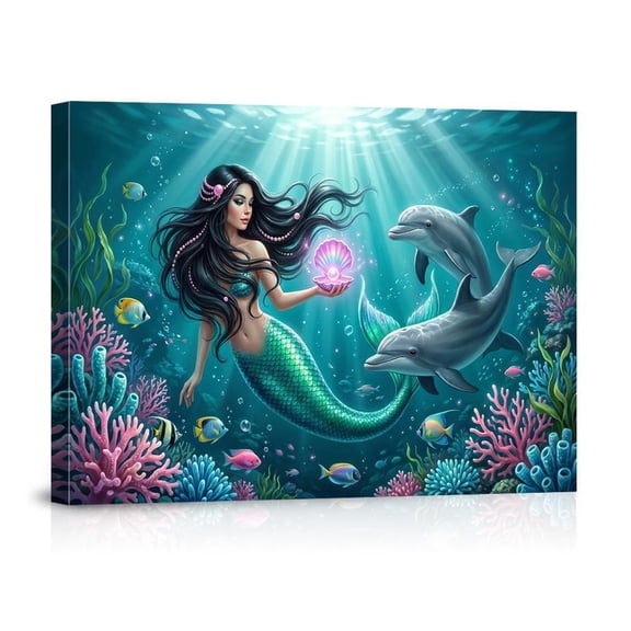 Mermaid Art Wall Art Dolphin Under The Sea Fantasy Ocean Nursery Decor Coastal Artwork Girls Bedroom Mermaid Print, Unframed Paper Print