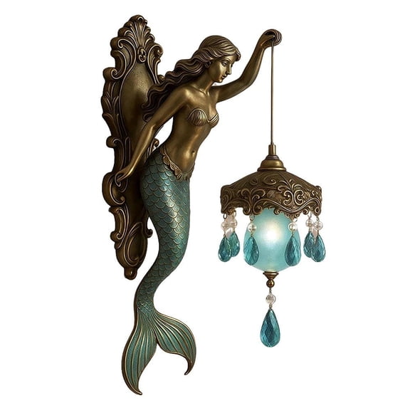 Mermaid Art Wall Sconce with Crystal Accents, Mythical Resin Mermaid Wall Lamp for Bedroom & Bathroom, Battery Operated Cordless Night Light for Coastal & Vintage Home Decor