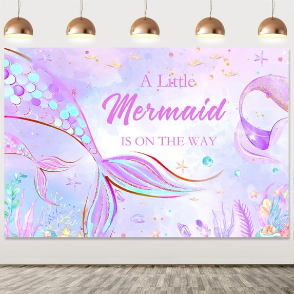Mermaid Baby Shower Decorations for Girl, On The Way Backdrop Banner for Baby Shower Birthday Party Supplies