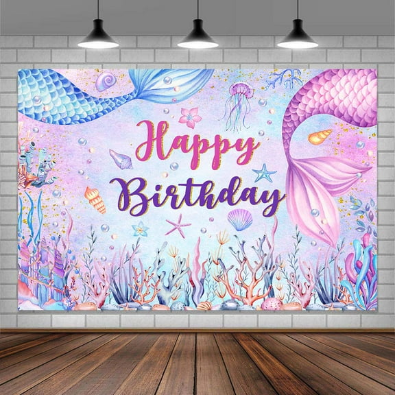 Mermaid Backdrop,Kids Birthday Photograph Backdrop,Girl Birthday Party Background,Happy Birthday Backdrop Coralline Bday Backdrop for Girls Birthday Mermaid Theme Birthday Party Decor 5X3FT