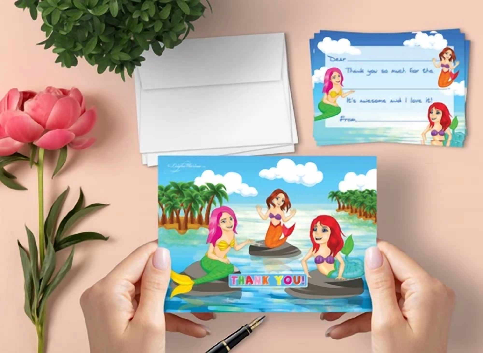 Mermaid Bash Thank You Cards For Kids, 20 Notes & 20 Envelopes