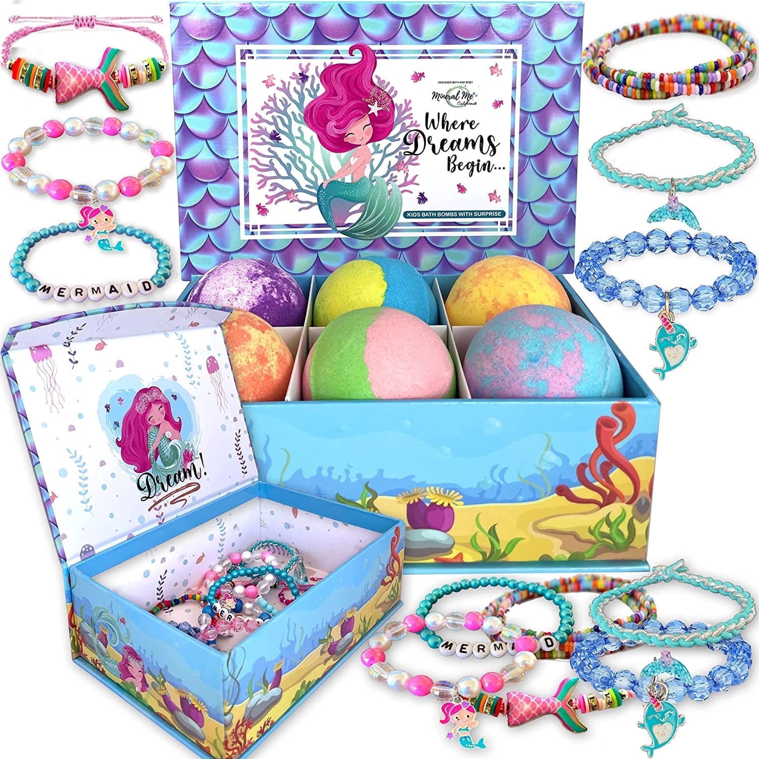 Mermaid Bath Bombs for Girls with Jewelry Inside by Mineral Me California w/ Fresh Fruits Scent