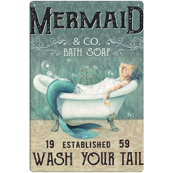 Mermaid Bath Soap Funny Tin Sign, Retro Bathroom Wall Decor Poster, 8 x 12 Inch