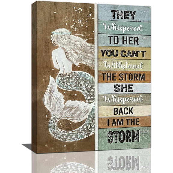 Mermaid Bathroom Decor Wall Art Vintage Girl Inspirational Quotes I Am The Storm Pictures Wall Decor Canvas Painting Prints Artwork Home Decorations Framed for Bedroom Kitchen Living Room 12"x16"