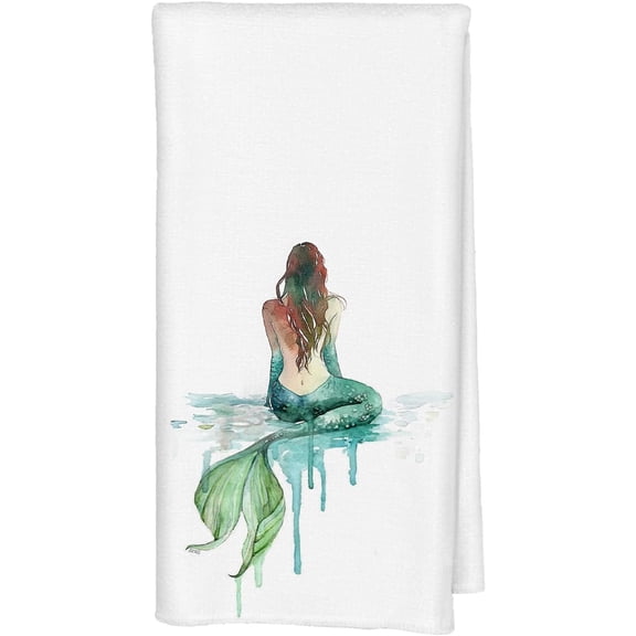 Mermaid Bathroom Hand Towel, Mermaid Bathroom Decor, Coastal Beach Hand Towels for Girls Bathrooms, Fantasy Green Ocean Fish Tail Beach Kitchen Dish Tea Towels, 16x24 Inch