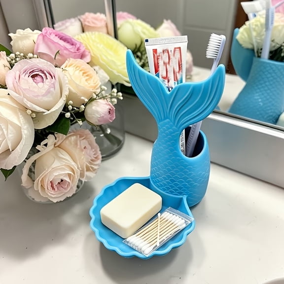 Mermaid Bathroom Organizer Tray Ocean Themed Shell Wave Toothbrush Soap Holder for Vanity Countertop Storage