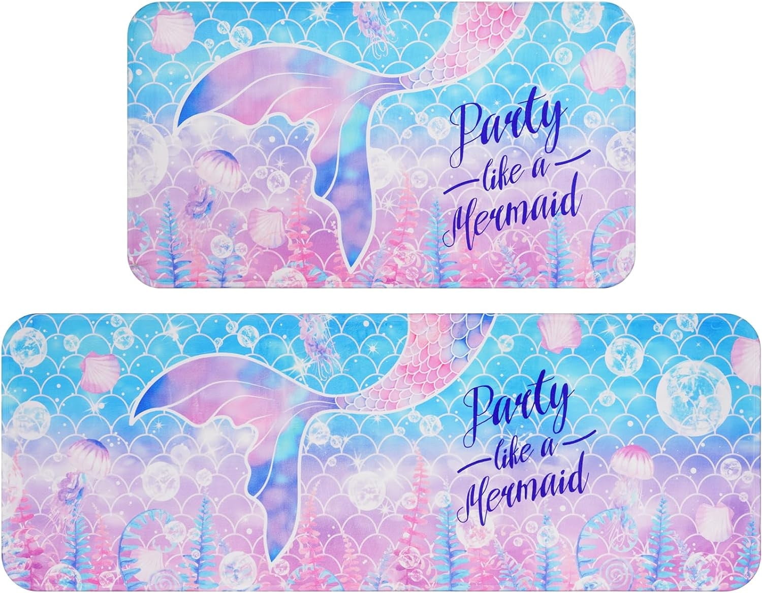 Mermaid Bathroom Rug Sets of 2, Soft and Absorbent Bath Mats for Girls, Washable Bath Mats Non Skid for Bedroom Living, Mermaid Bathroom Decor, 17.3"x 30" +17.3"x 47"