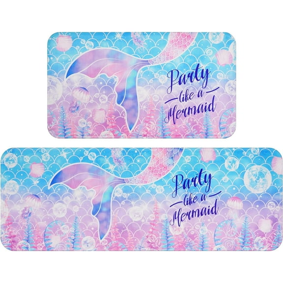 Mermaid Bathroom Rug Sets of 2, Soft and Absorbent Bath Mats for Girls, Washable Bath Mats Non Skid for Bedroom Living, Mermaid Bathroom Decor, 17.3"x 30" +17.3"x 47"