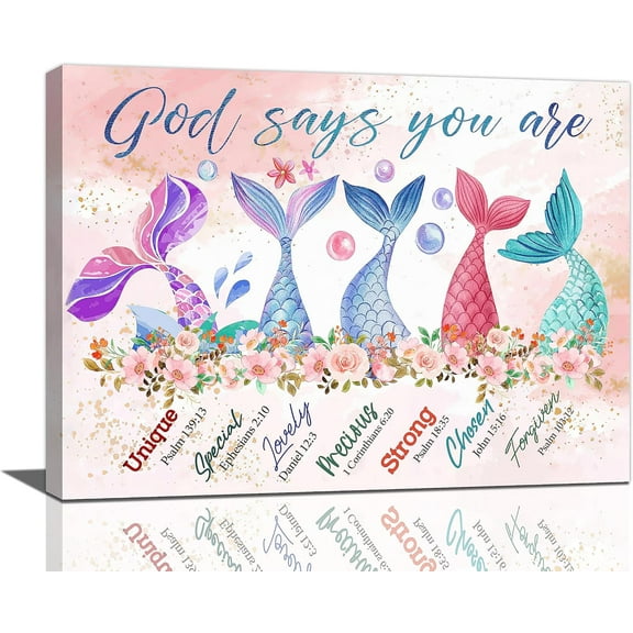 Mermaid Bathroom Wall Art God Says You Are Christian Canvas Prints Teen Girls Room Decor Painting Pink Bathroom Floral Pictures Framed Artwork Gifts Home Decorations for Little Kids Bedroom Dining