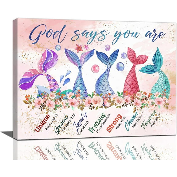 Mermaid Bathroom Wall Art God Says You Are Christian Canvas Prints Teen Girls Room Decor Painting Pink Bathroom Floral Pictures Framed Artwork Home Decorations for Little Kids Bedroom Living 16"x12"