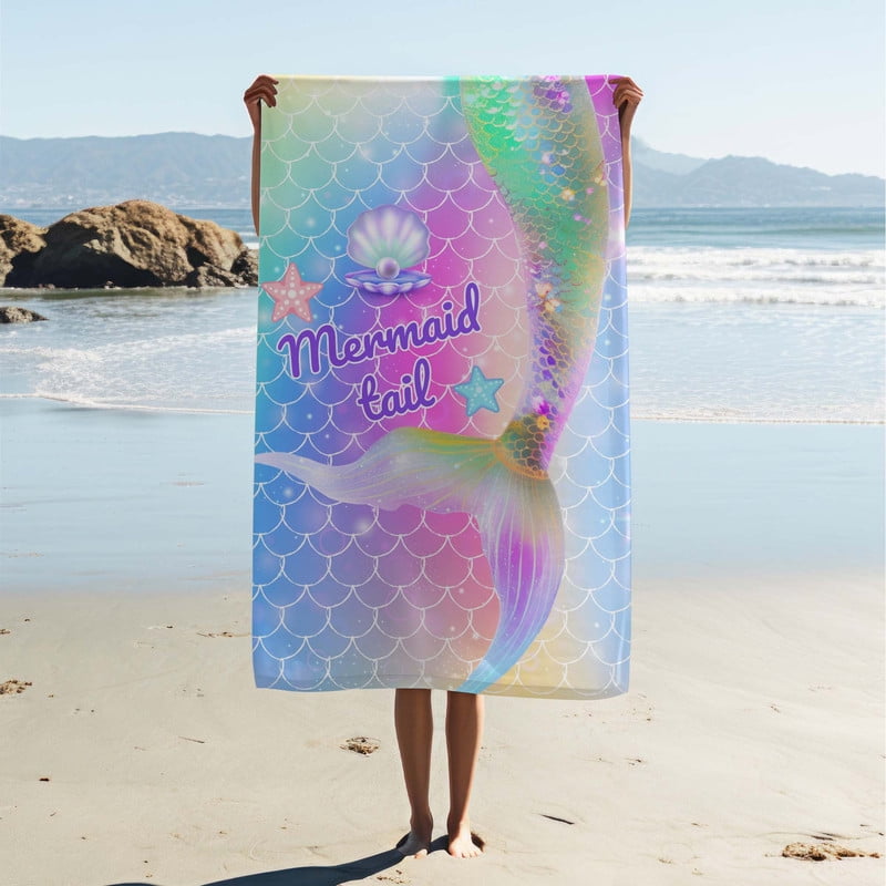 Mermaid Beach Towel, Pink Mermaid Tail Kids Beach Towel for Women，Cute Mermaid Scales Microfiber Quick Dry Sand Proof Bath Towel Gifts