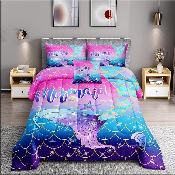 Mermaid Bedding Set Full Size 6 Pieces Gradient Blue Pink  Comforter with Sheets for Girls Bedroom