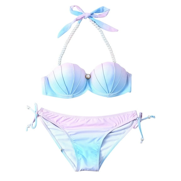 Mermaid Bikini Swimsuit Women Push Up Light Support Mermaid Seashell Bra w Shorts Two Piece Bathing Suits