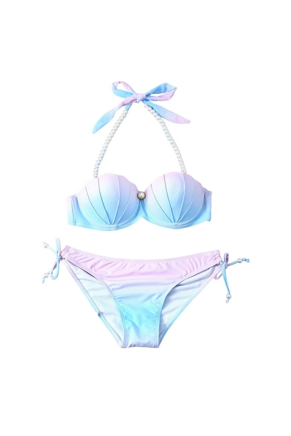 Mermaid Bikini Swimsuit Women Push Up Light Support Mermaid Seashell Bra w Shorts Two Piece Bathing Suits