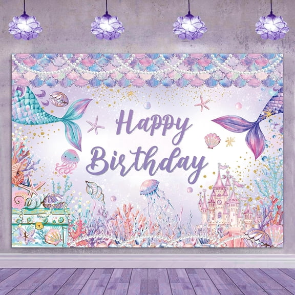 Mermaid Birthday Backdrop Castle Glitter Mermaid Under The Sea Happy Birthday Background for Princess Girl Baby Shower Party Decorations Banner Photo Booth Props
